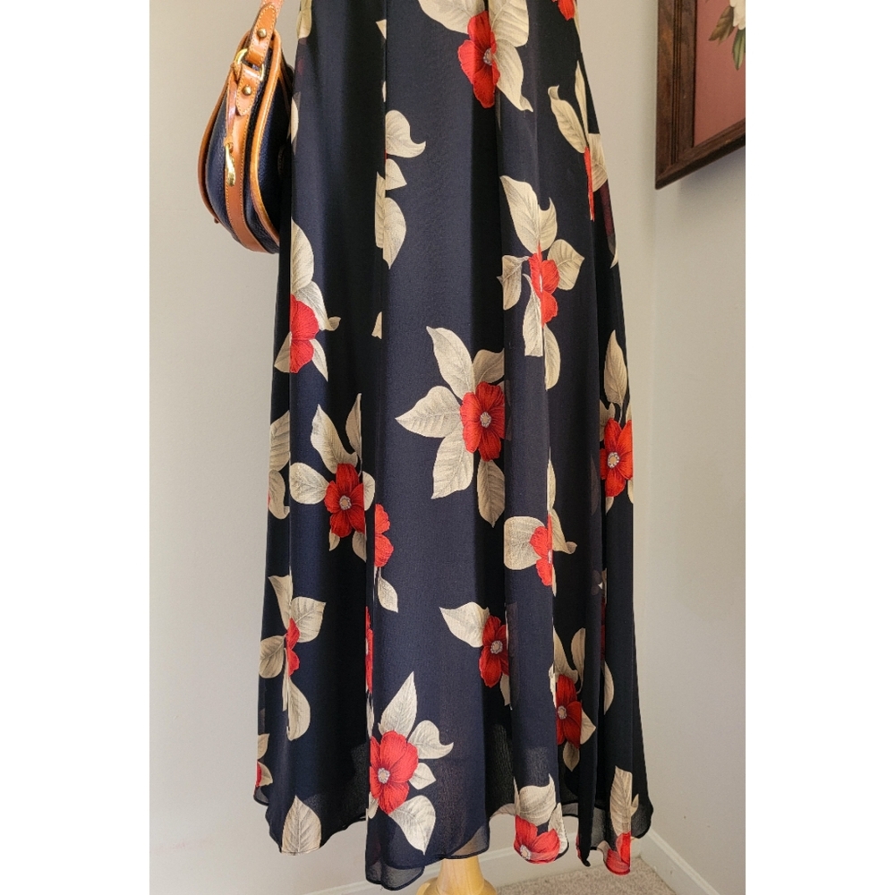 90s Black Floral Silk Scoop Neck 1990s Vintage Fully Lined Sleeveless Midi Dress - Picture 6 of 14